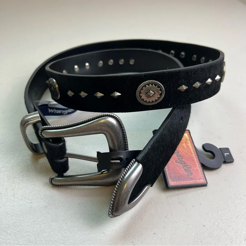 Wrangler NEW Black Leather Calf Hair with Silver Embellishments L Western Belt
